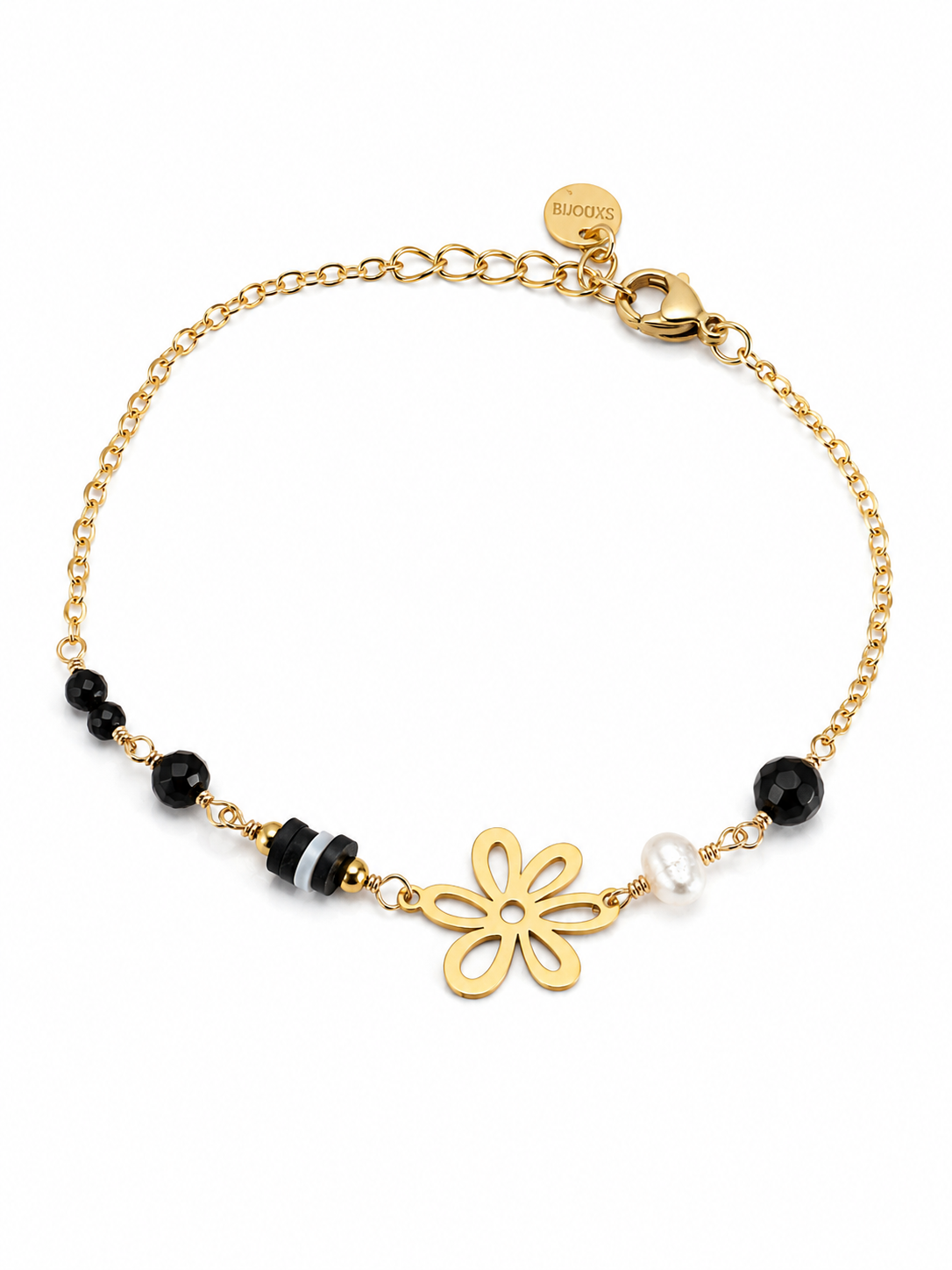Bracelet Fleur Bohème Noir & Nacre – Acier Inoxydable Doré