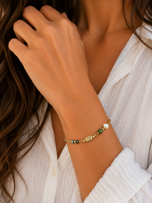 Bracelet Perle Jade Doré – Acier Inoxydable