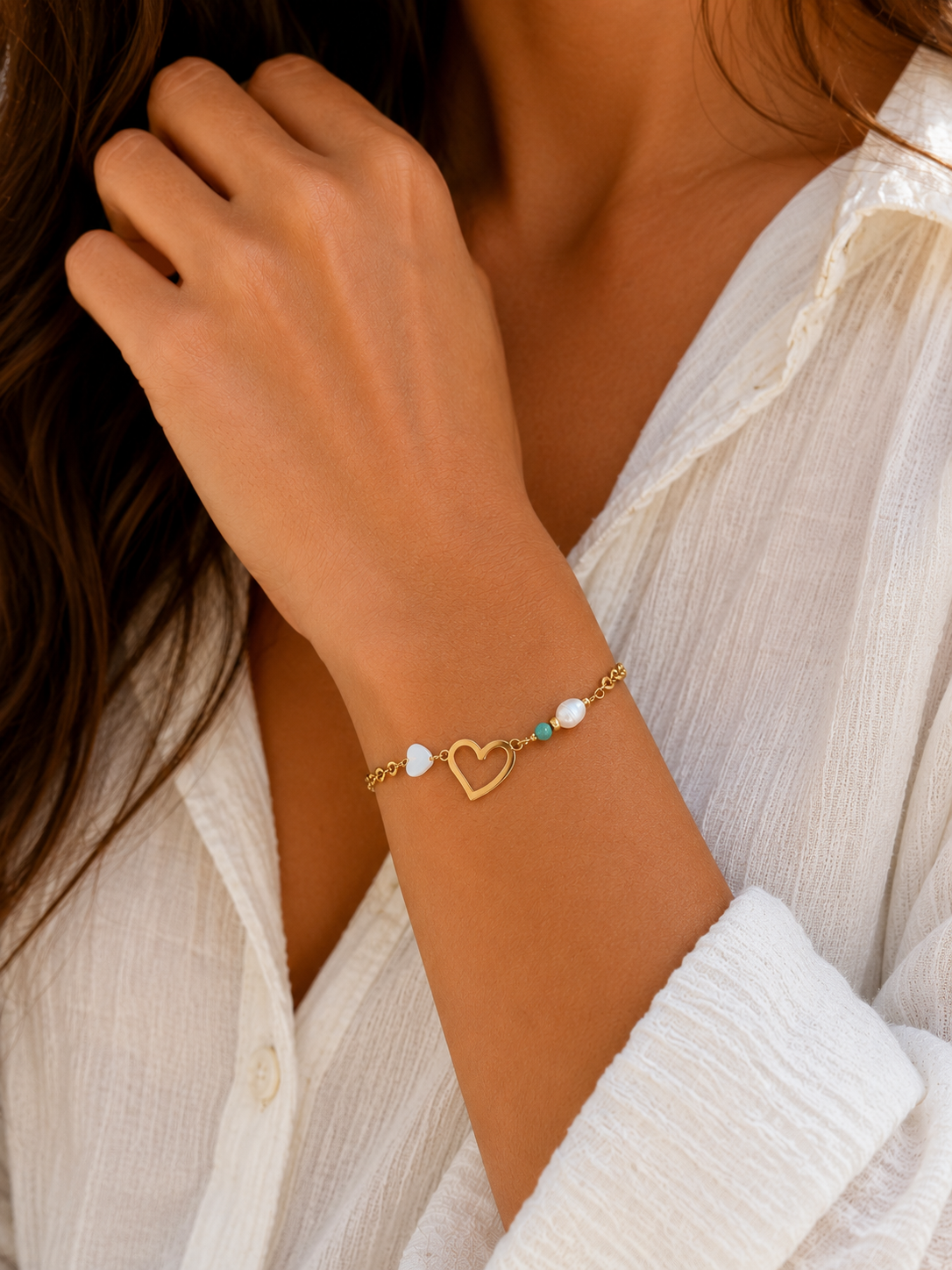 Bracelet Cœur Perlé Doré – Acier Inoxydable