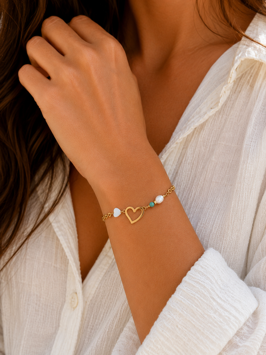 Bracelet Cœur Perlé Doré – Acier Inoxydable