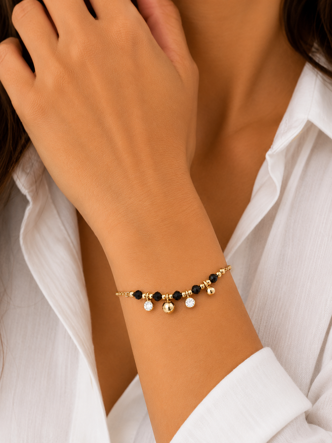 Bracelet Stella Noir – Acier inoxydable & cristaux élégants