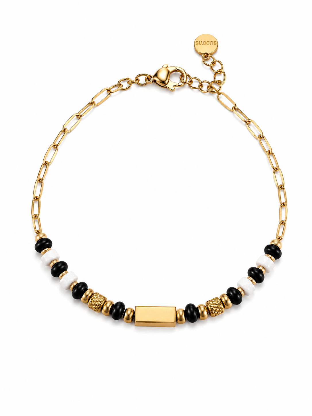 Bracelet Élégance Noir & Blanc Doré – Acier Inoxydable & Perles Minimalistes