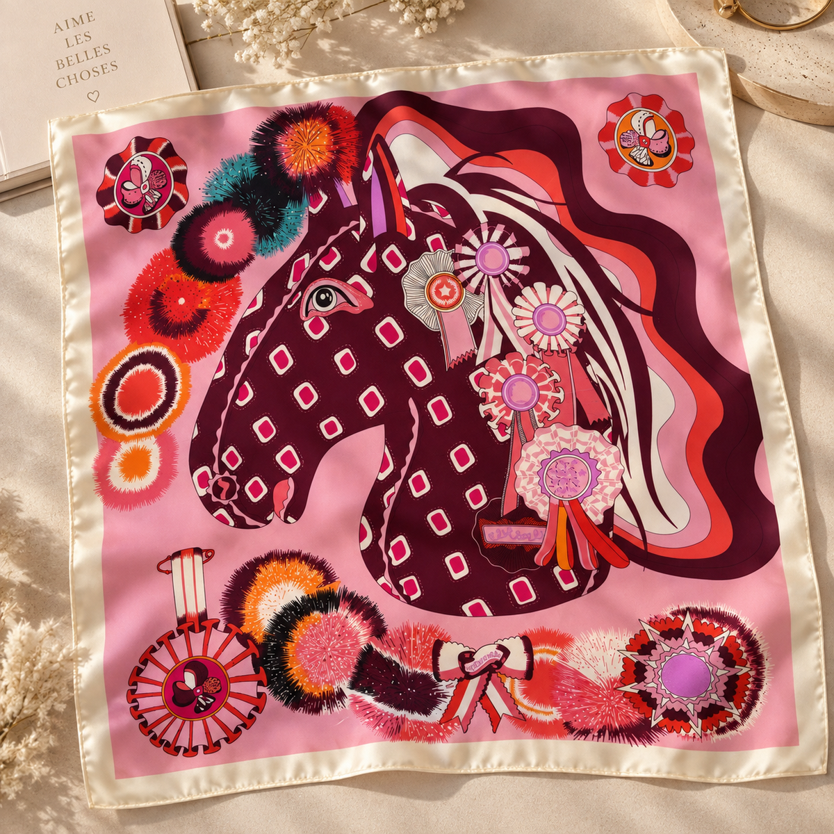 Foulard Ottavia – Motif équestre rose