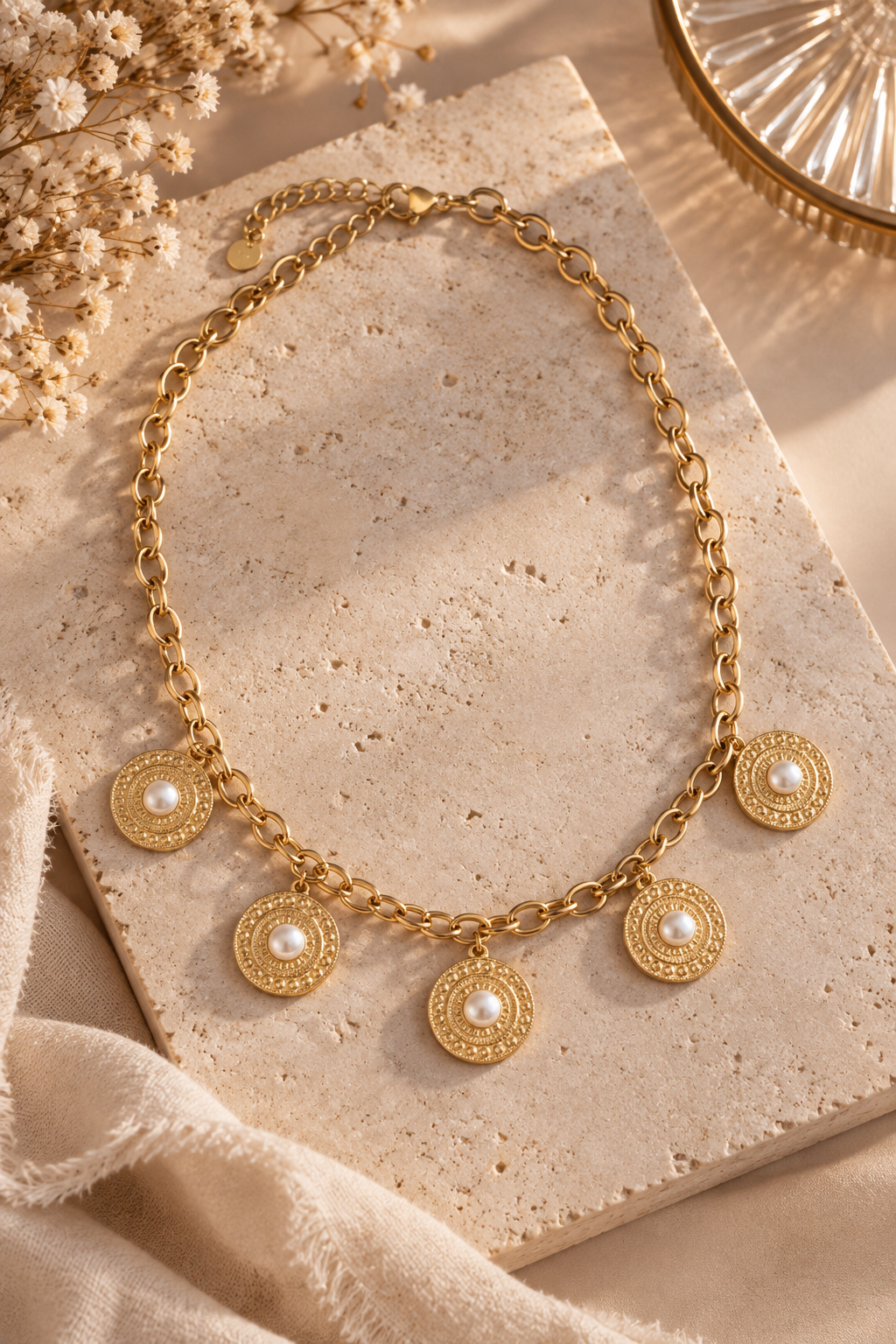 Collier Juliette – Médaillons dorés & perles