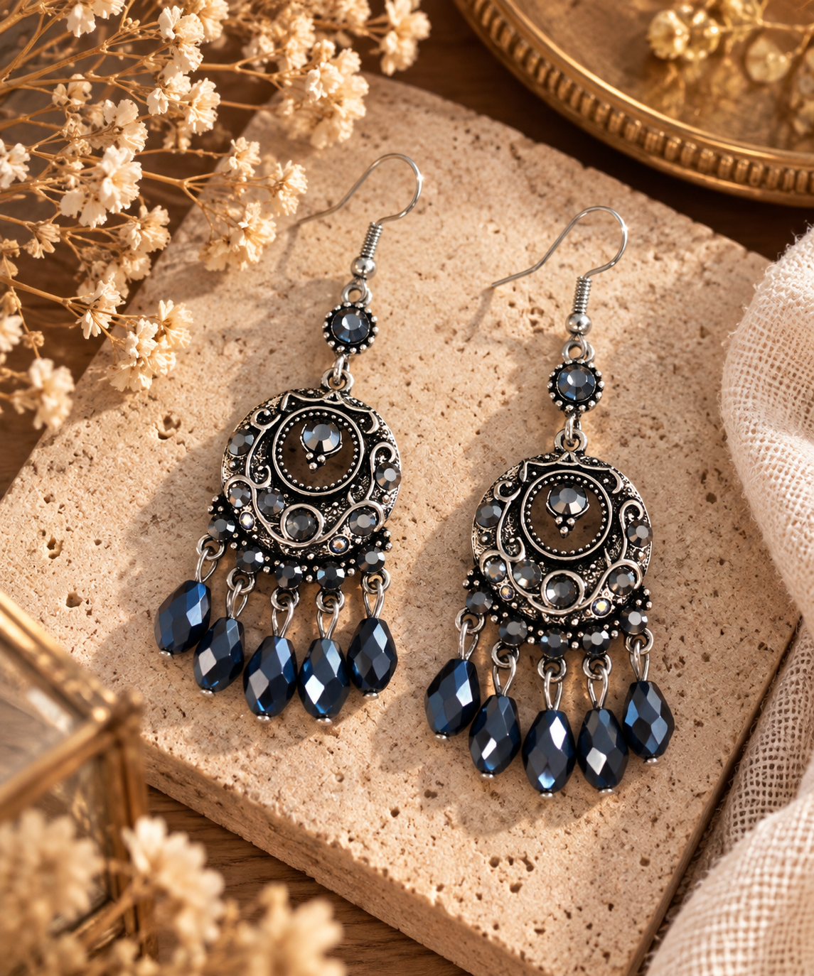 Boucles d’oreilles Nyx – Bleu nuit & Argenté