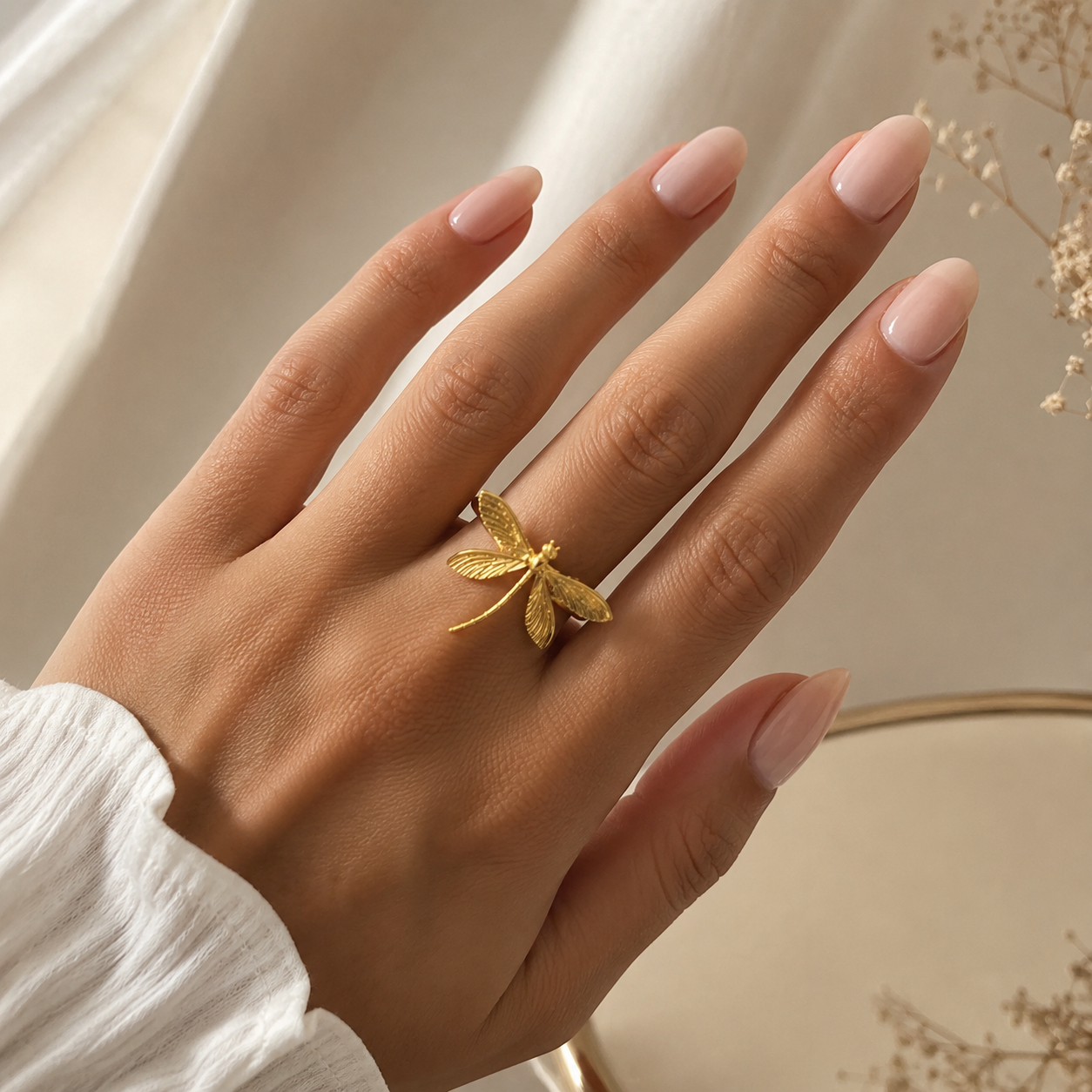 Bague Libellule Dorée Ajustable – Acier Inoxydable
