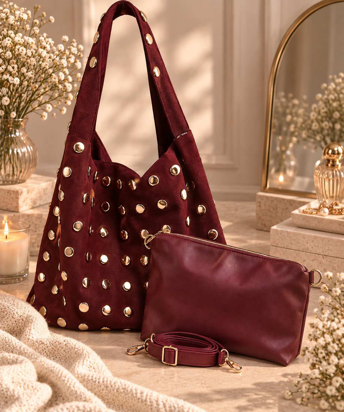 Sac Nola en suédine cloutée – Bordeaux