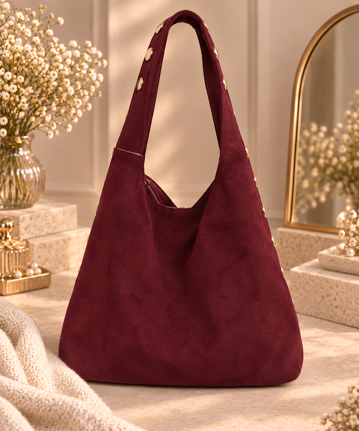 Sac Nola en suédine cloutée – Bordeaux